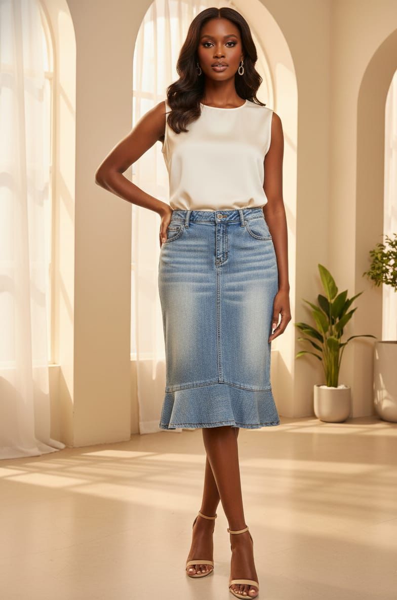 Denim Frilled Mid Skirt