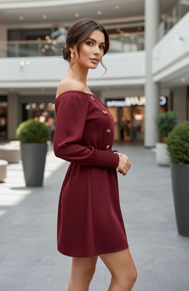 Maroon Buttoned Off-Shoulder Dress