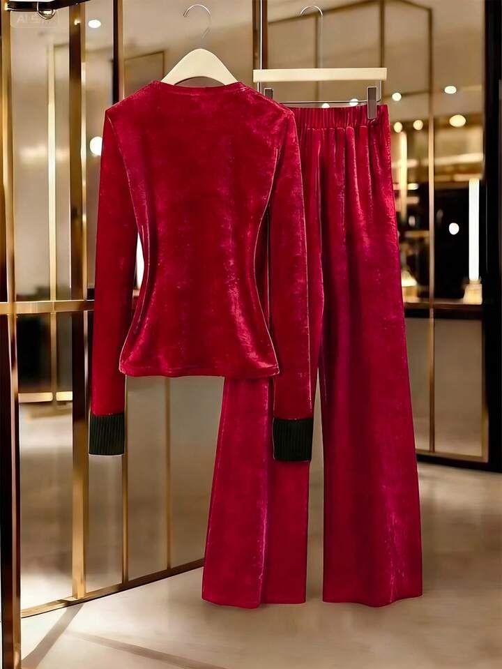 Maroon Red Velvet All Weather Co Ord Set