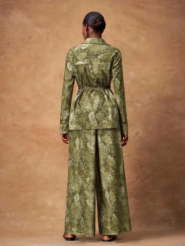 Green Snake Print Tie Top Pants Co Ord Set
