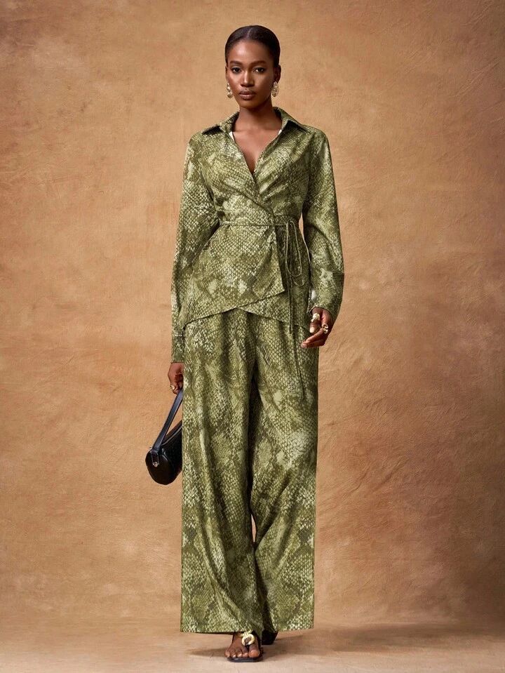 Green Snake Print Tie Top Pants Co Ord Set
