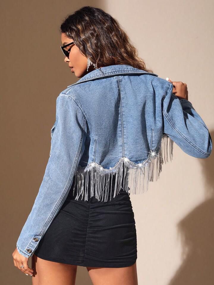Denim Fringe Decor Crop Jacket