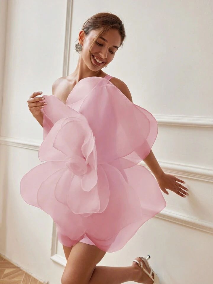Pink 3D Rose Flower Dress