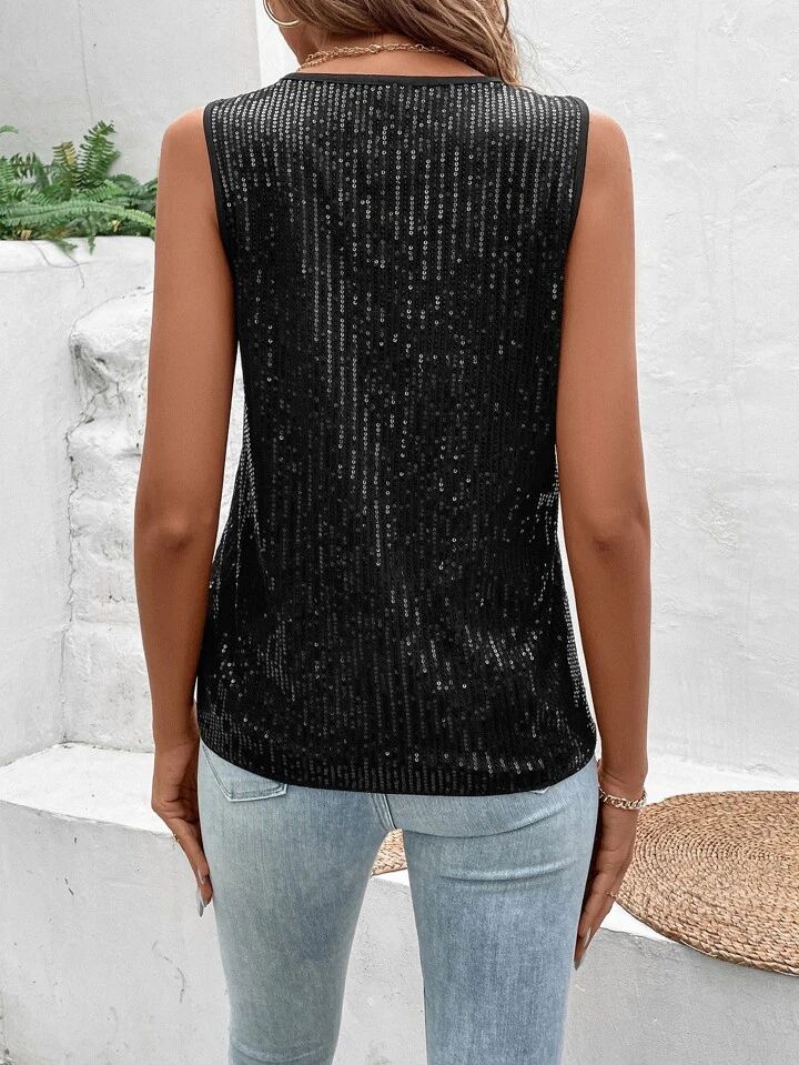 Black V-Neck Sequined Blouse Top