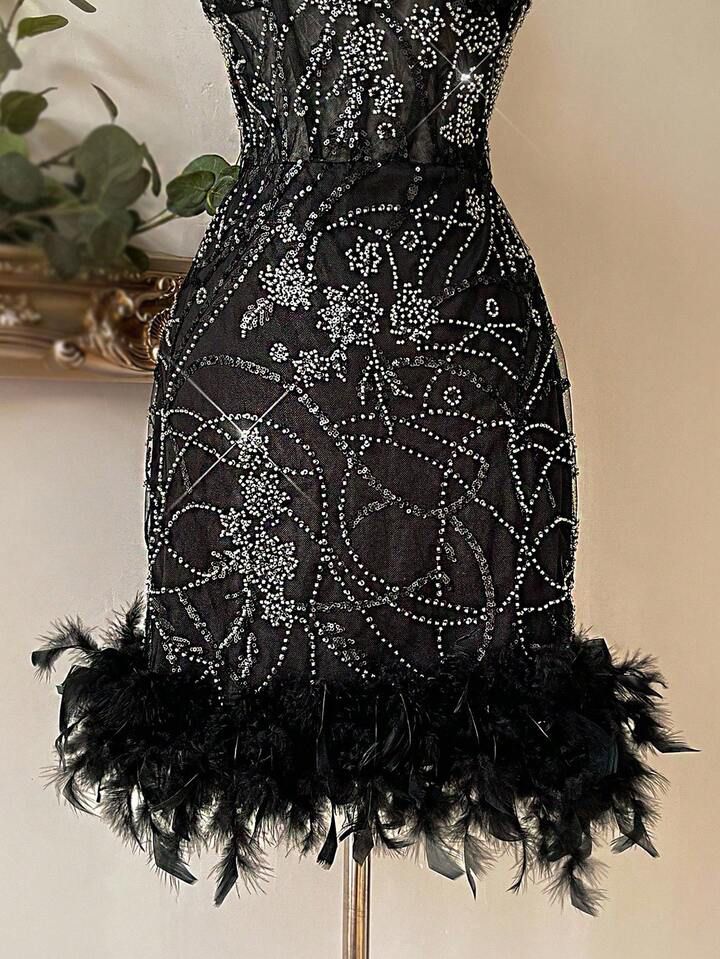 Black Beaded Sequined Fur Dress