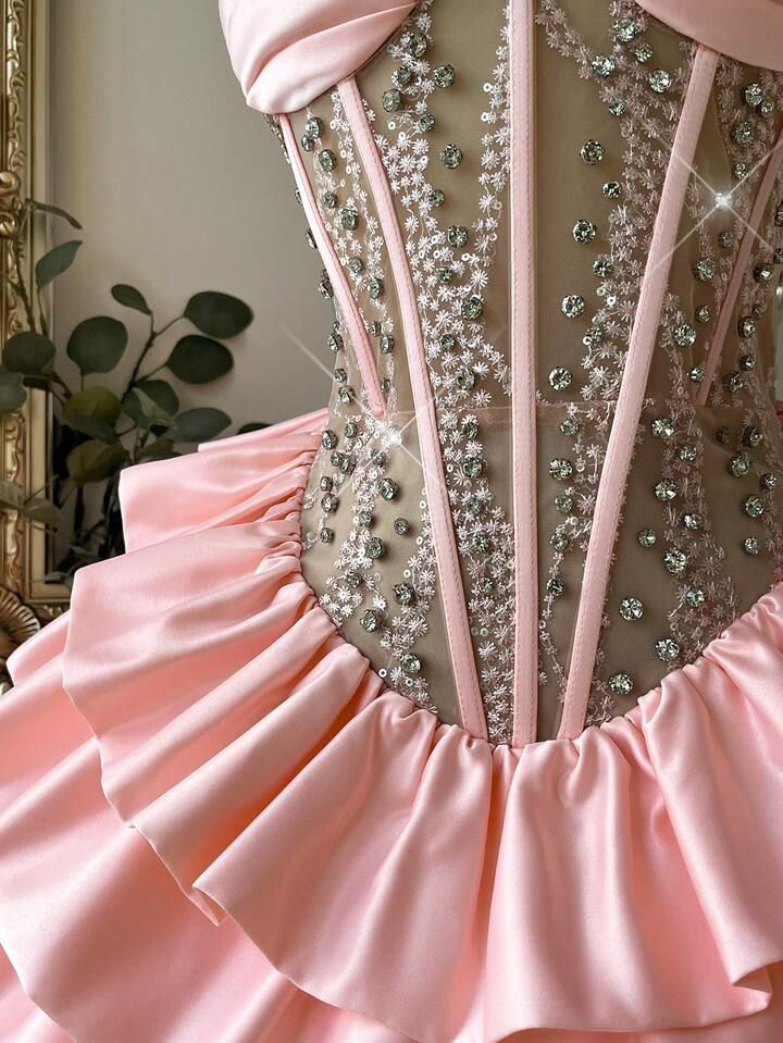 Sequin Pink Frill Embroidered Dress