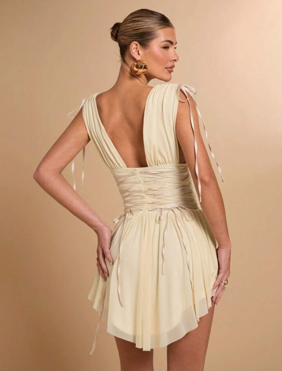 V- Neck Drawstring Tie Dress