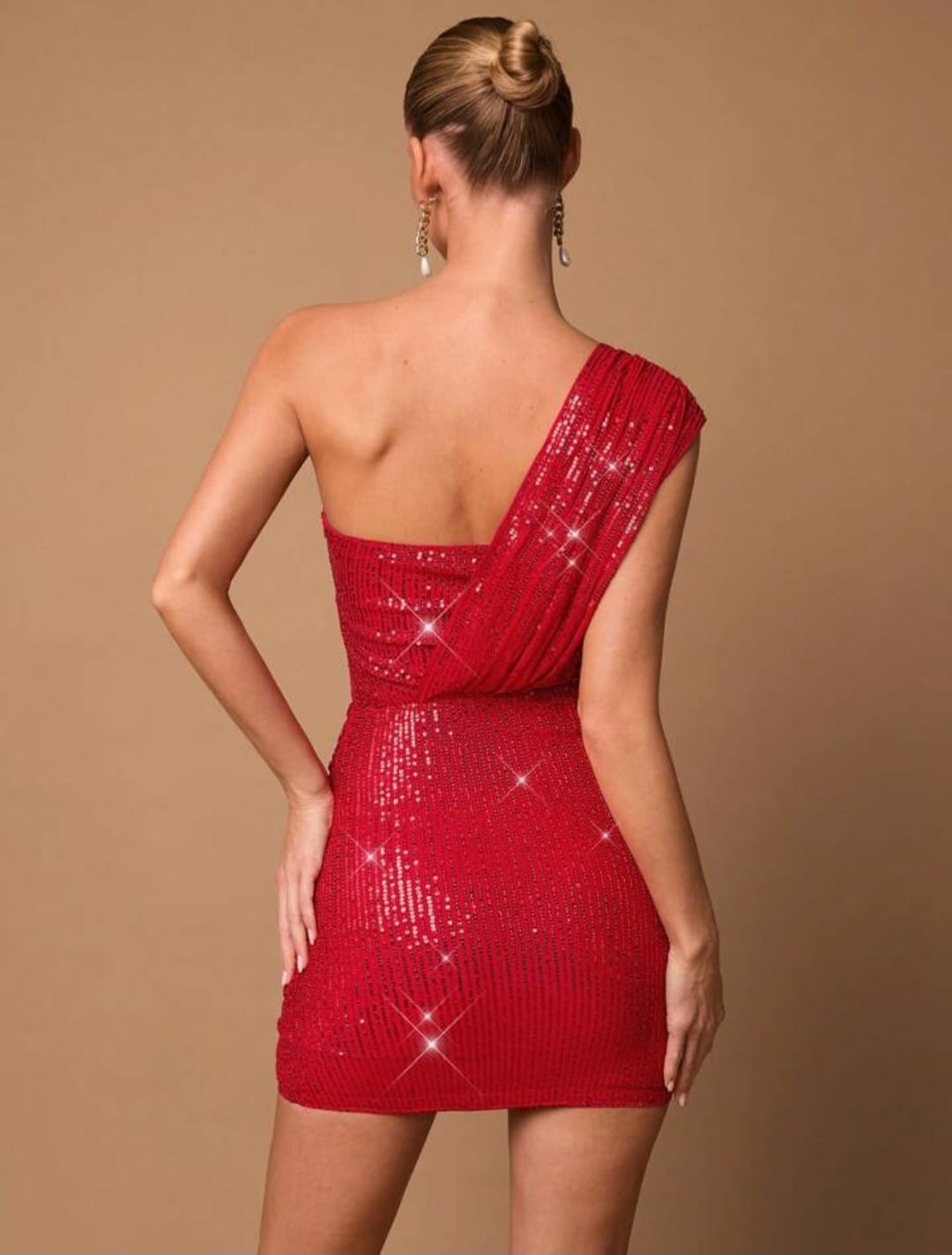 Asymmetrical Neck Ruched Sequin Dress