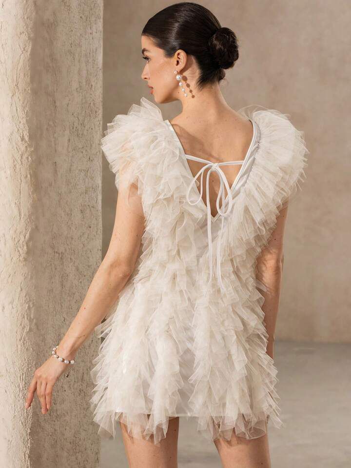 White V-Neck Ruffled Mesh Dress