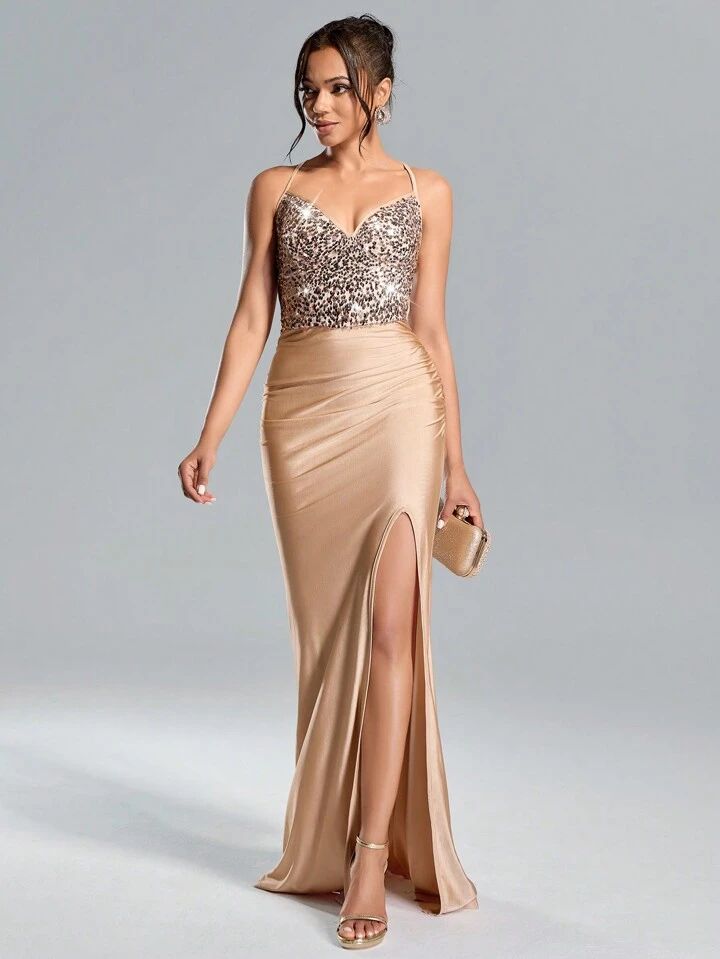 High Waisted Sequined Bodycon Maxi Dress Colour-Champagne