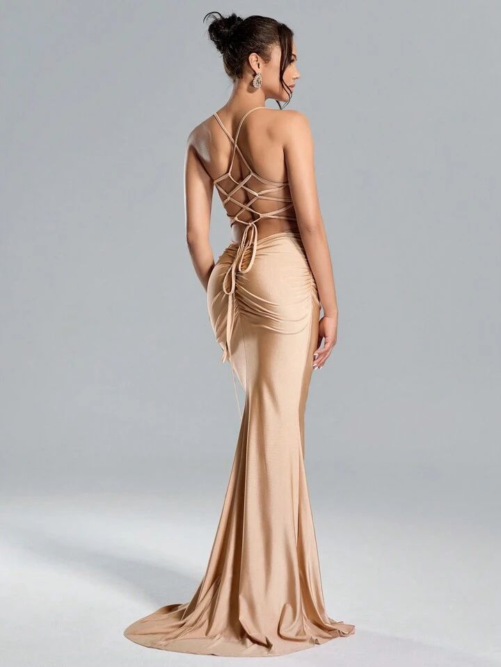 High Waisted Sequined Bodycon Maxi Dress Colour-Champagne