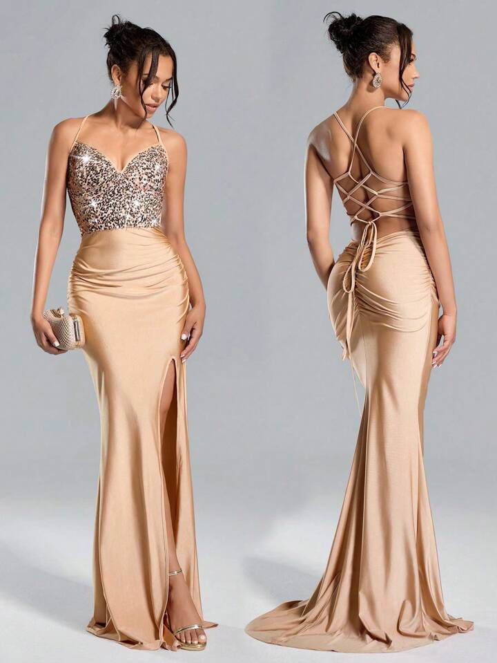 High Waisted Sequined Bodycon Maxi Dress Colour-Champagne