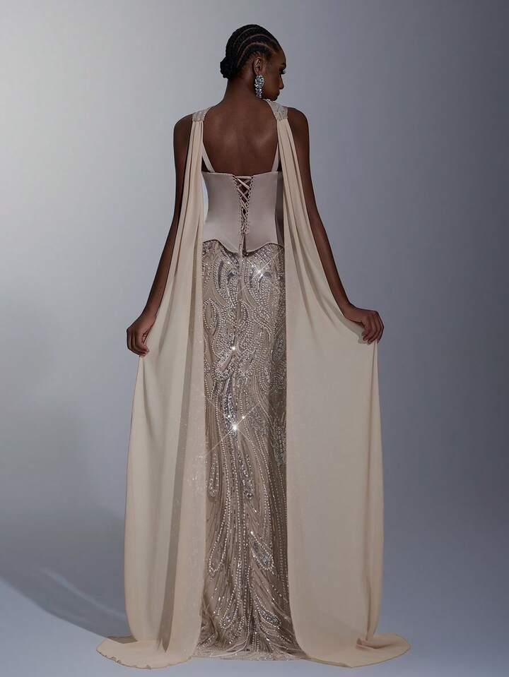 Beige Beaded & Sequined Gown Dress