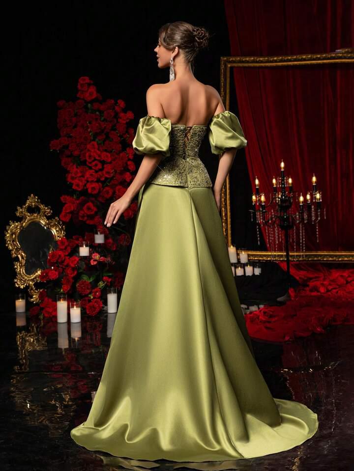 Sequined Embroidered Satin Dress