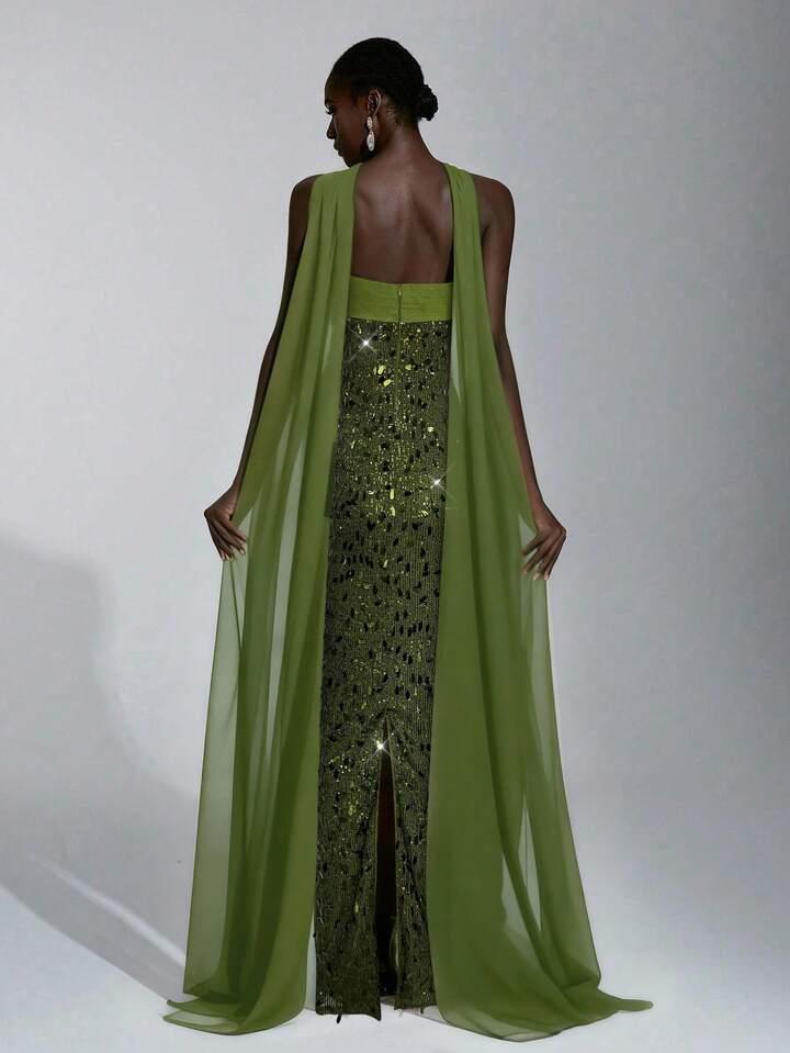 Green Bodycon Maxi Dress With Long Scarf