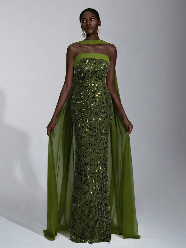 Green Bodycon Maxi Dress With Long Scarf