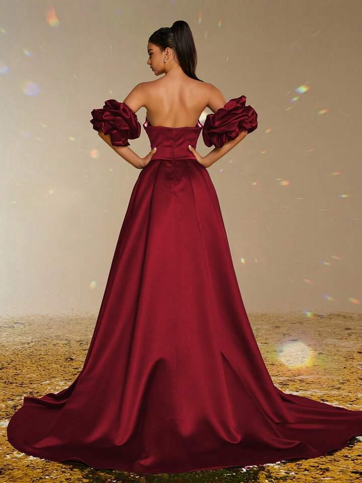 Maroon Satin Silver Patchwork Flared Gala Gown