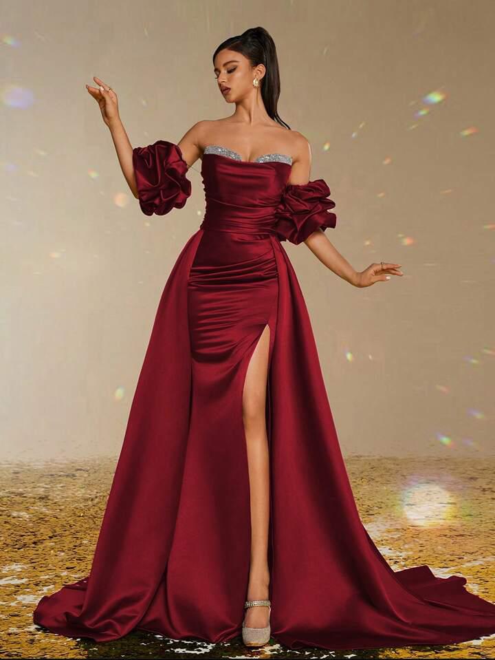 Maroon Satin Silver Patchwork Flared Gala Gown