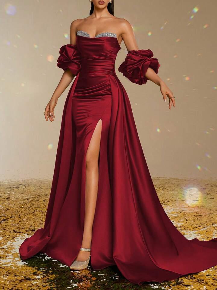 Maroon Satin Silver Patchwork Flared Gala Gown