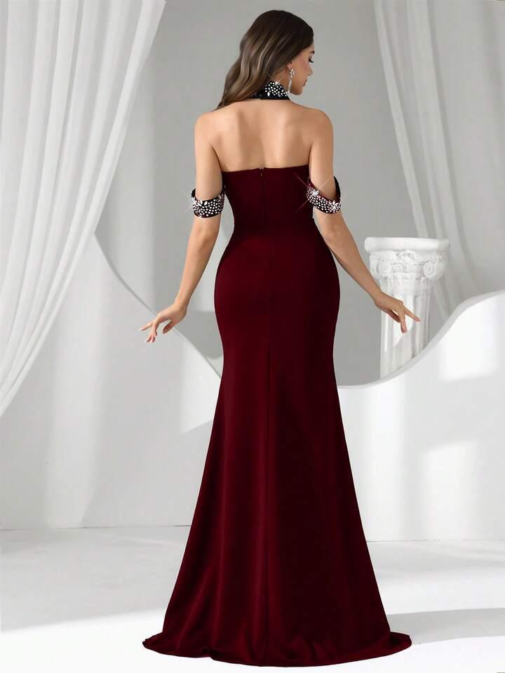 Maroon Rhinestone Decor Off Shoulder Halter Gown