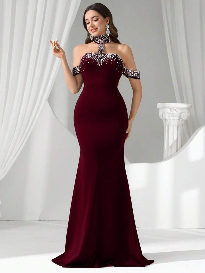 Maroon Rhinestone Decor Off Shoulder Halter Gown