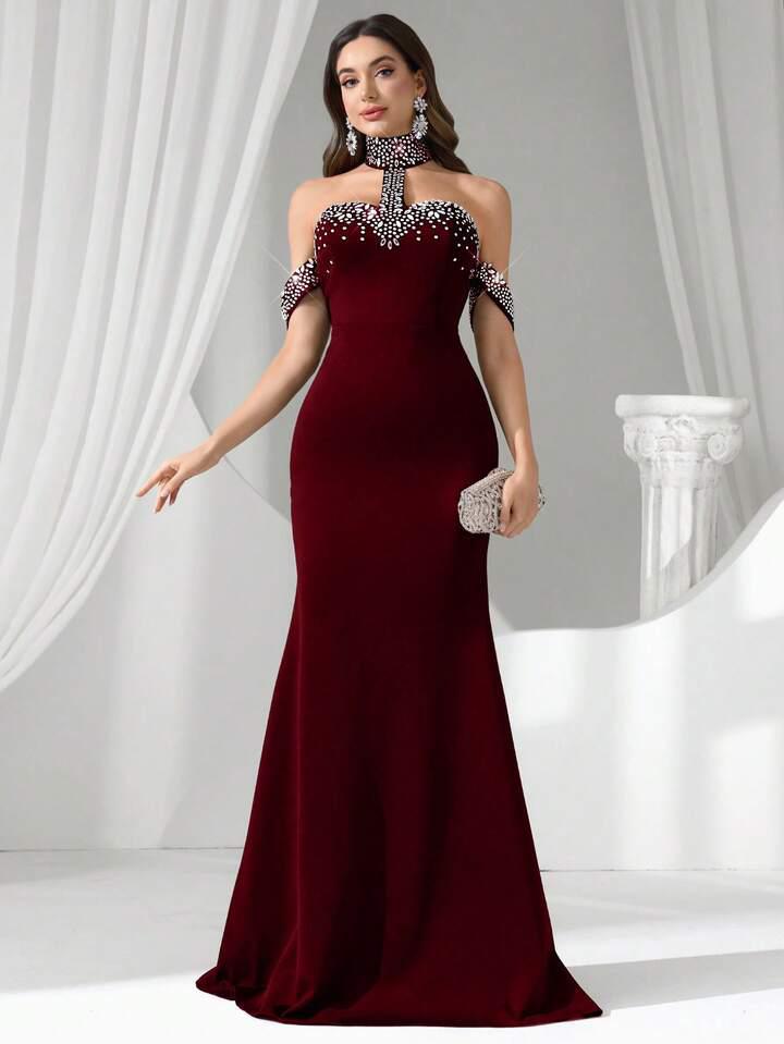 Maroon Rhinestone Decor Off Shoulder Halter Gown