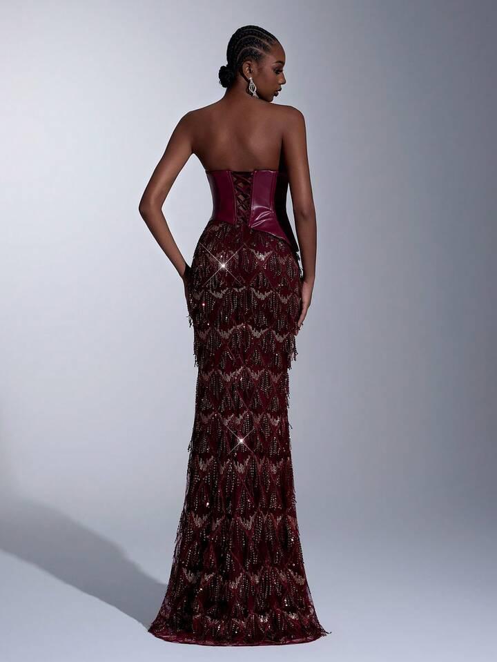 PU Leather Corset Sequined Gown Dress