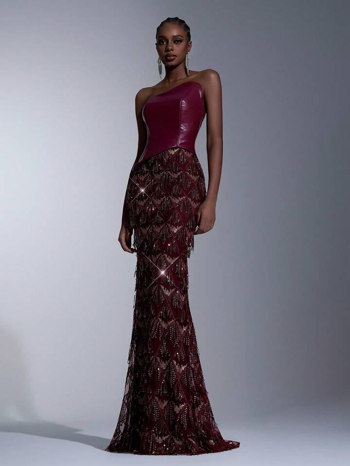 PU Leather Corset Sequined Gown Dress