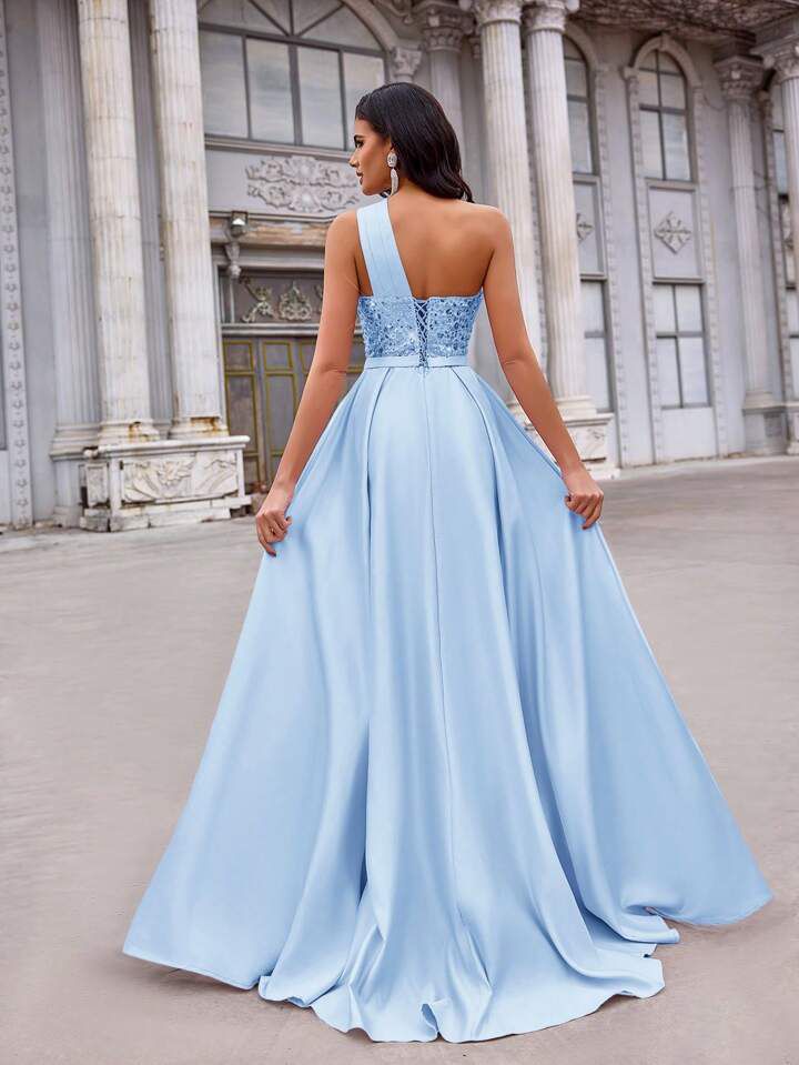 Blue Satin Flared Gown
