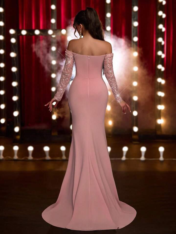 Pink Sequin Lace Patch Stretchable Mermaid Maxi Dress