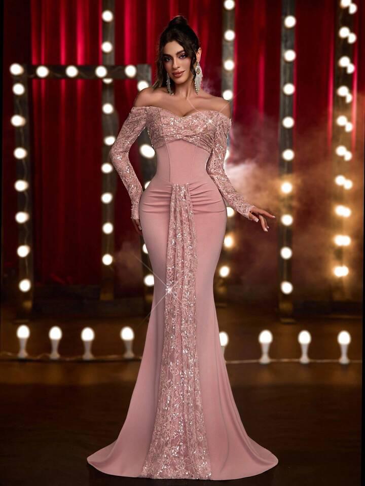 Pink Sequin Lace Patch Stretchable Mermaid Maxi Dress