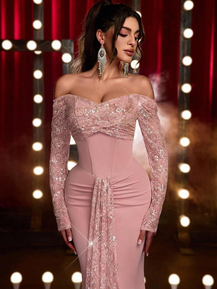 Pink Sequin Lace Patch Stretchable Mermaid Maxi Dress