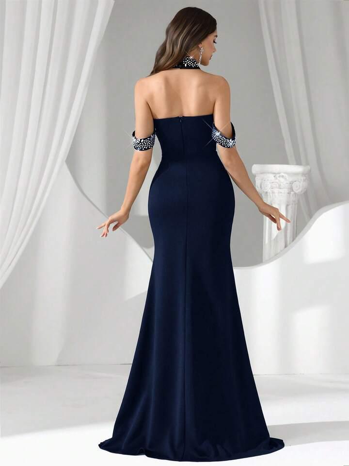 Blue Rhinestone Decor Off Shoulder Halter Gown