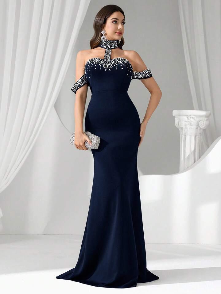 Blue Rhinestone Decor Off Shoulder Halter Gown