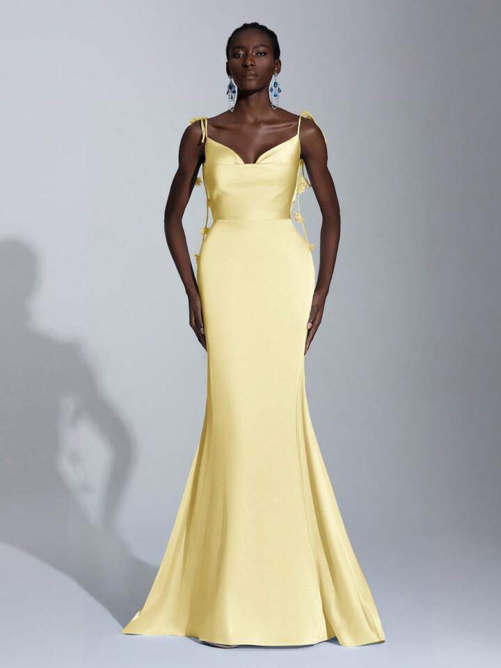 Yellow Satin Flower Strap Dress