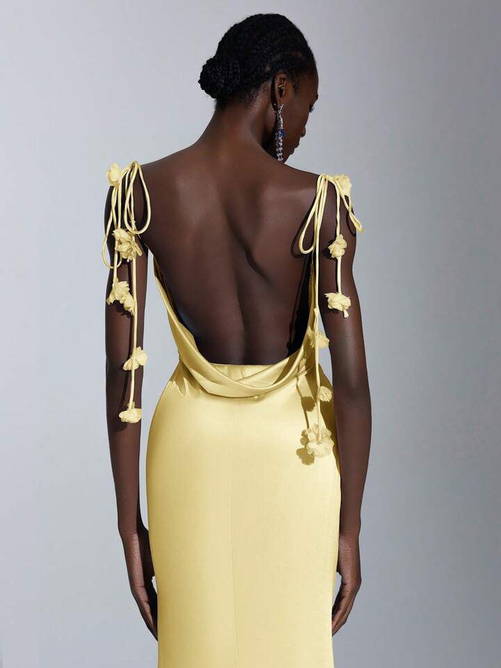 Yellow Satin Flower Strap Dress