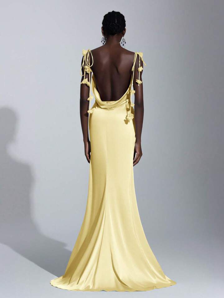 Yellow Satin Flower Strap Dress