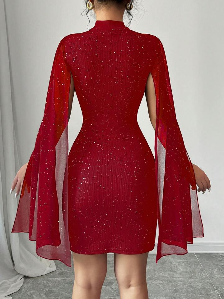 Red Glitter Print Flared Sleeves Dress