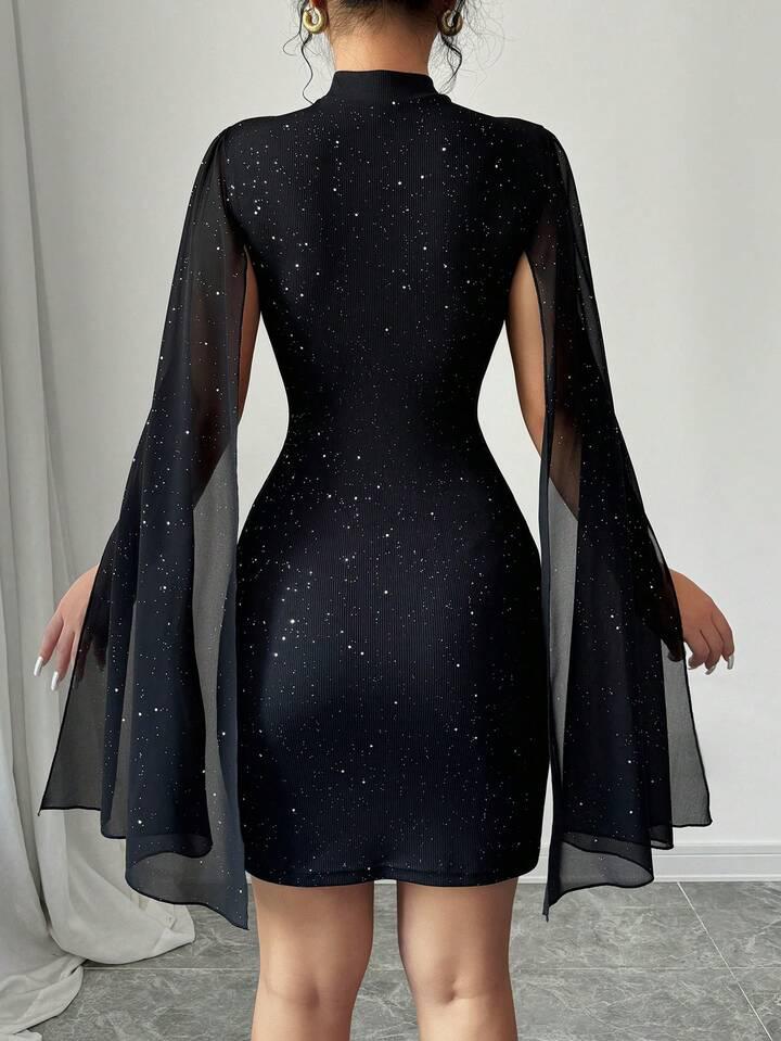 Black Glitter Print Flared Sleeves Dress