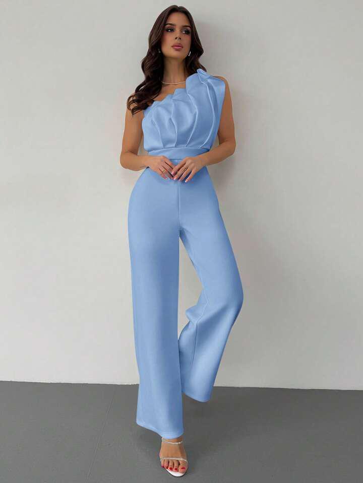 Blue Pleated One Shoulder Jumpsuit
