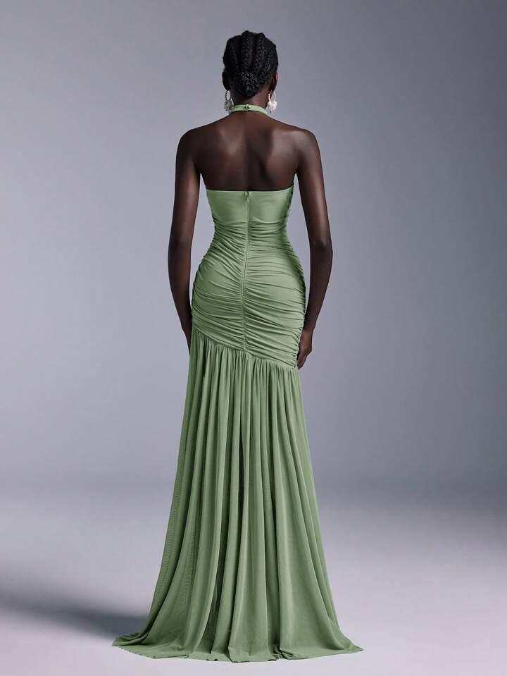 Green Mesh Net Ruched Stretchable Fishtail Maxi Dress