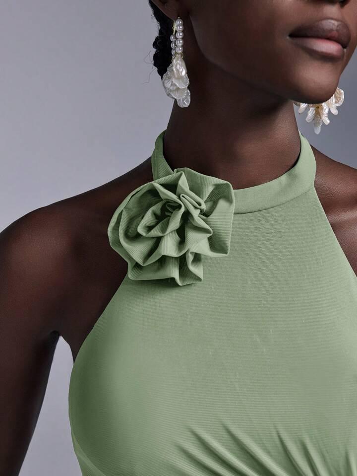 Green Mesh Net Ruched Stretchable Fishtail Maxi Dress