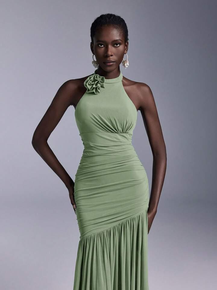 Green Mesh Net Ruched Stretchable Fishtail Maxi Dress