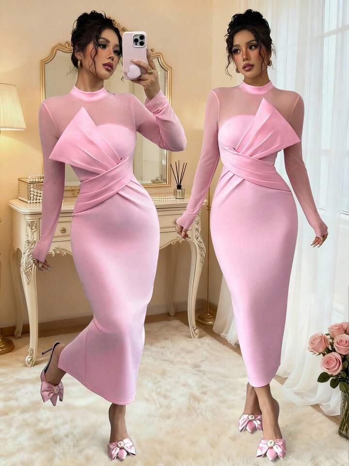 Pink Ruched Bodycon Midi Dress