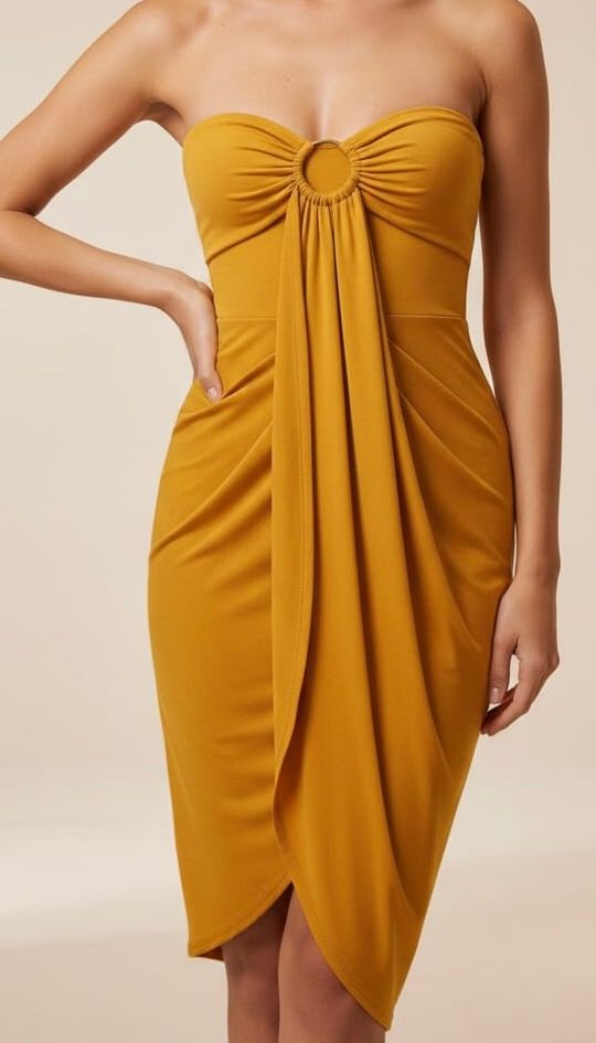 Yellow Metallic Ring Ruched Strapless Dress