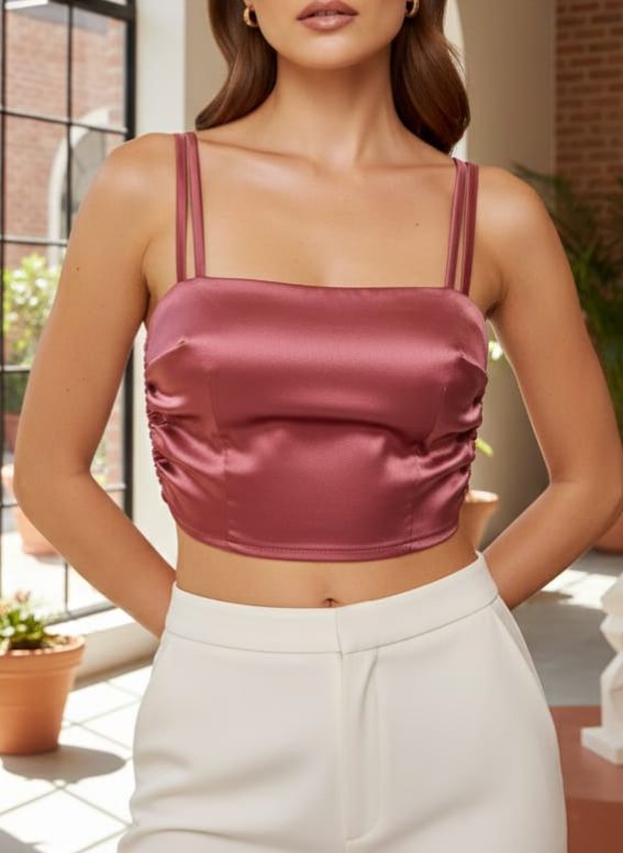 Pink Ruched Satin Satin Strapless Top