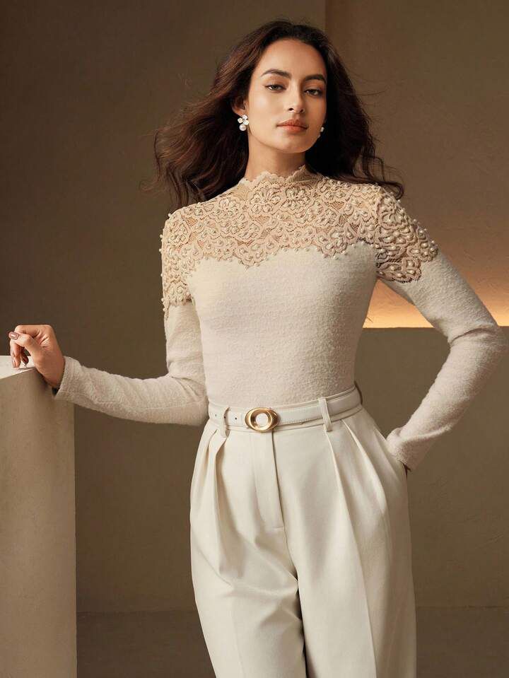 Beige Lace Crew Pearl Long Sleeve Top