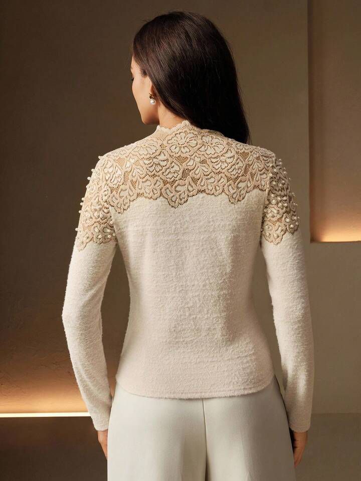 Beige Lace Crew Pearl Long Sleeve Top