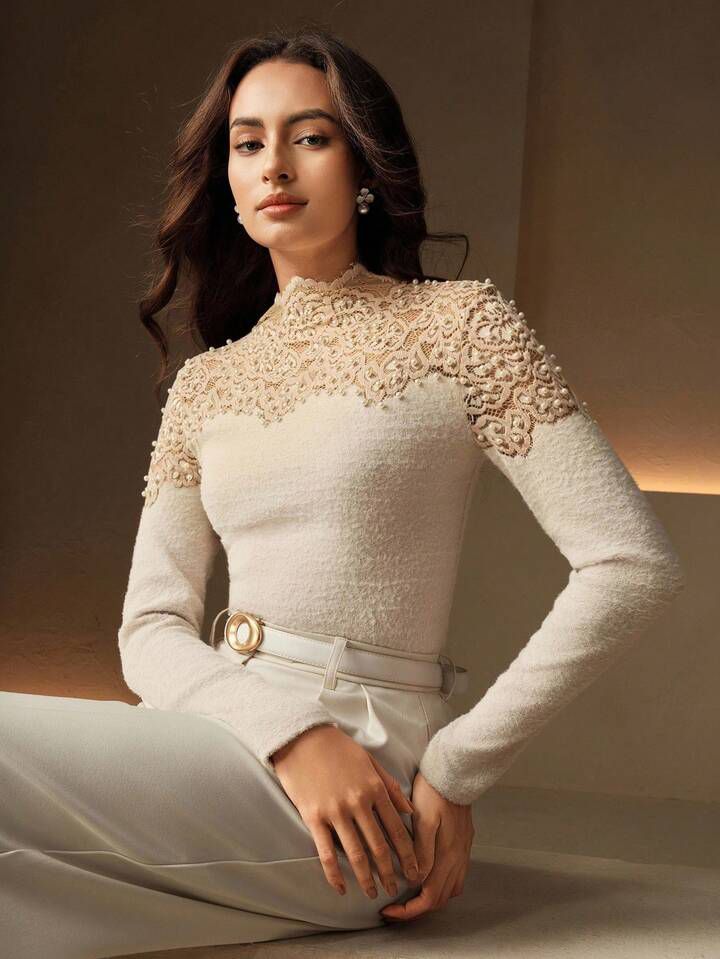 Beige Lace Crew Pearl Long Sleeve Top