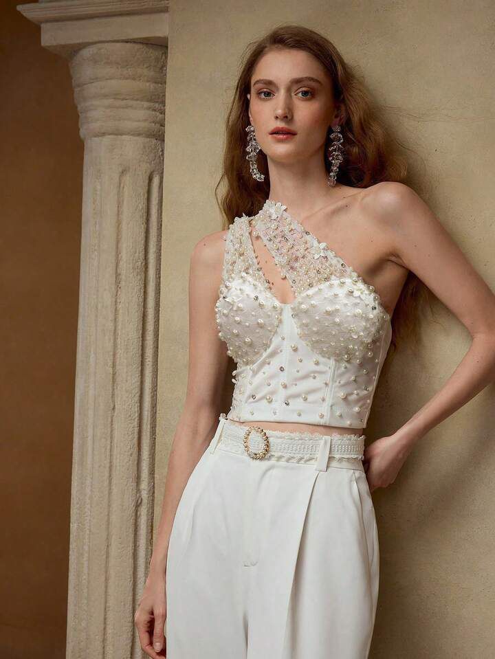 Pearl Embellished One Shoulder Top
